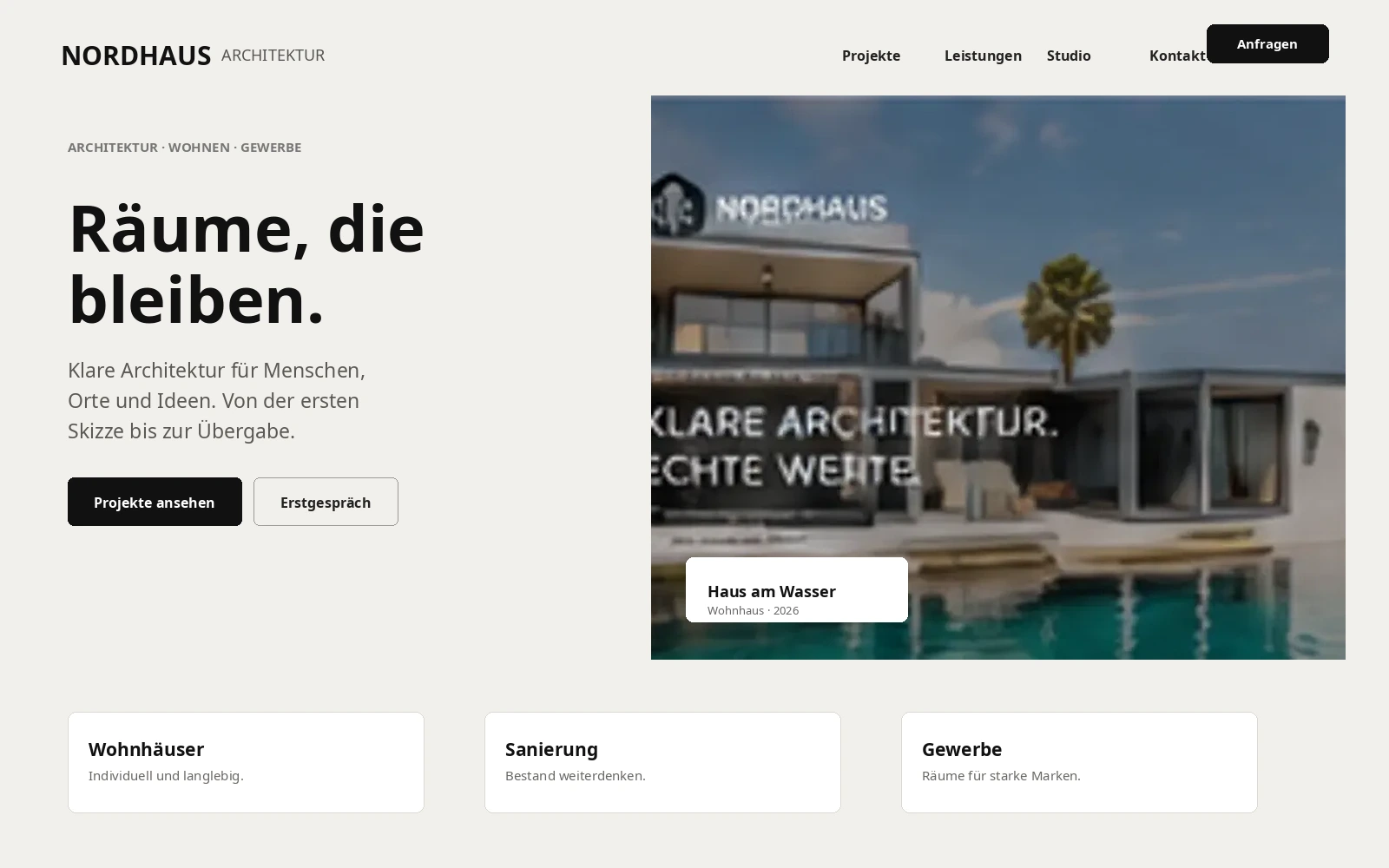 Fiktives Website-Konzept für ein deutsches Architekturbüro mit klarer Projekt- und Anfrageführung