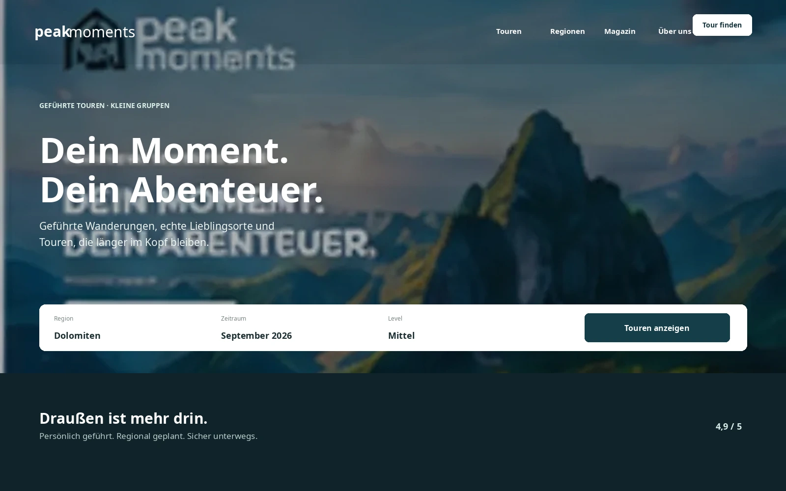 Fiktives Website-Konzept für Peak Moments