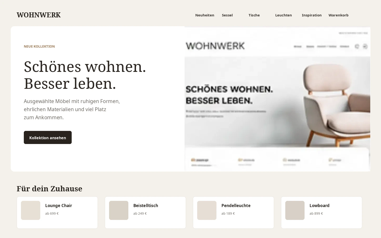 Fiktives Online-Shop-Konzept für Wohnwerk