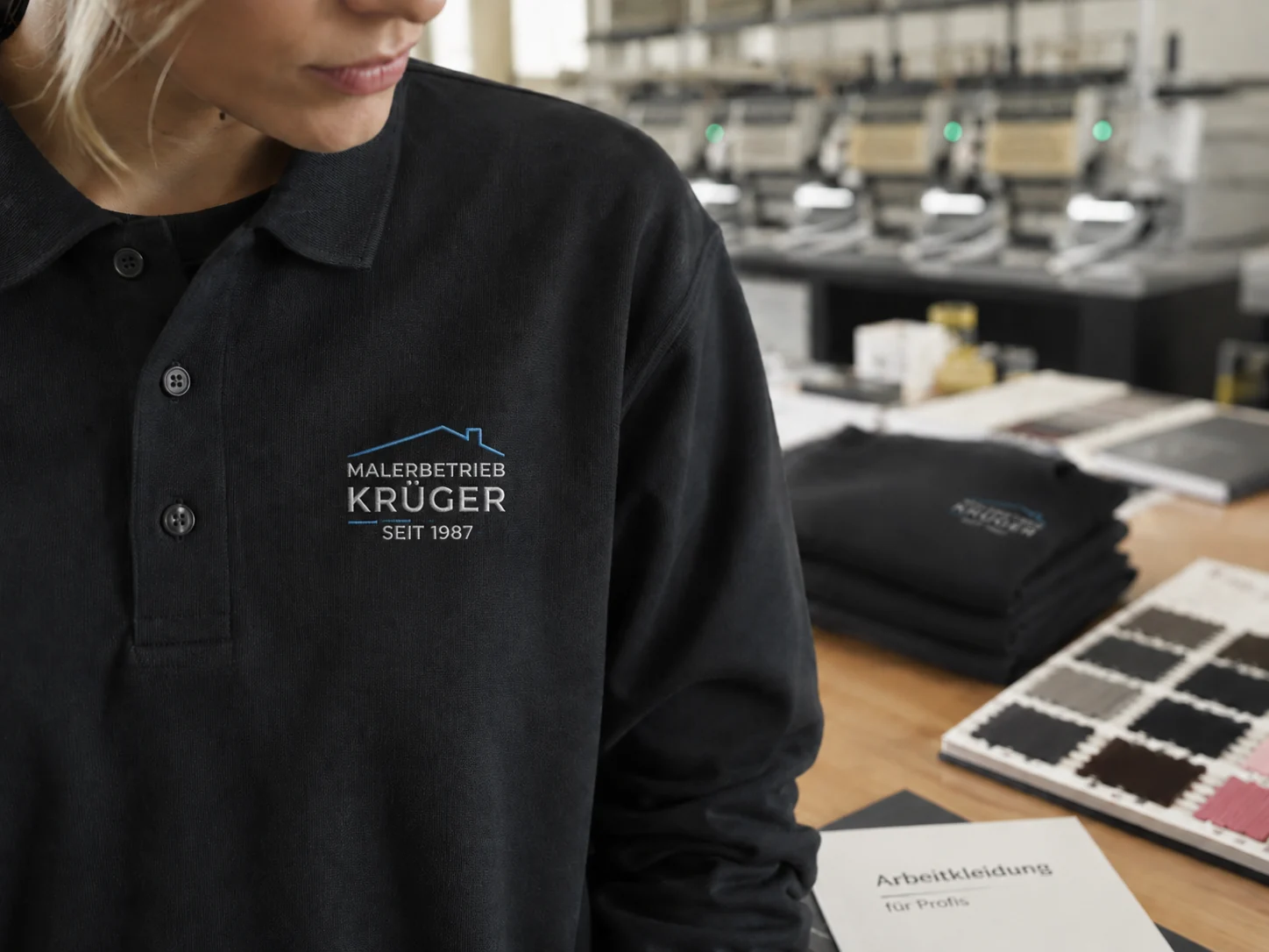 Besticktes schwarzes Poloshirt für einen fiktiven deutschen Malerbetrieb