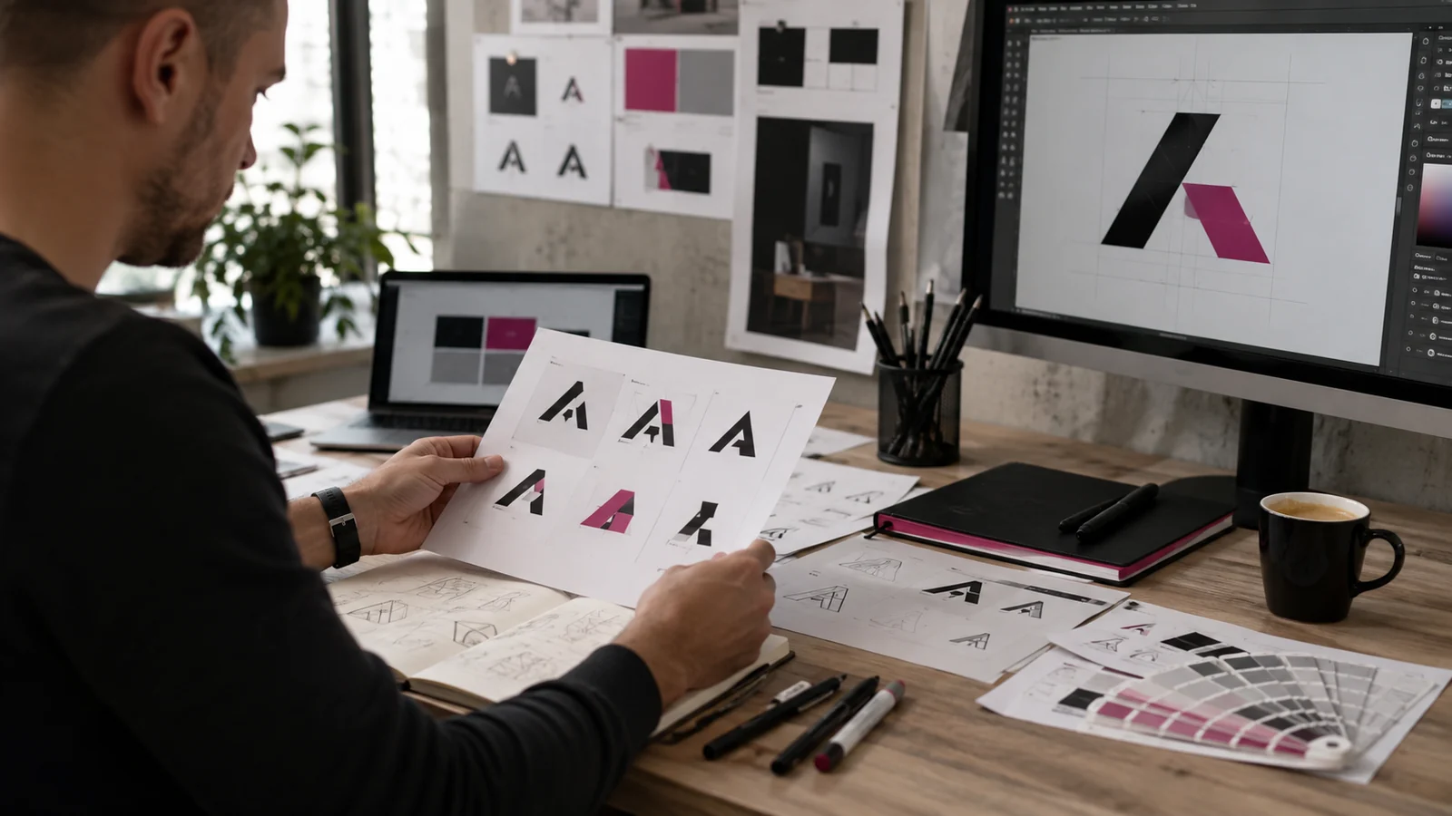 Designer bei der Ausarbeitung und Bewertung mehrerer Logo-Varianten in einem hellen Studio