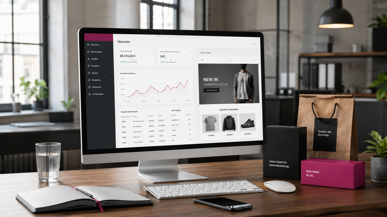 Moderner E-Commerce-Arbeitsplatz mit deutschsprachigem Shop- und Umsatz-Dashboard
