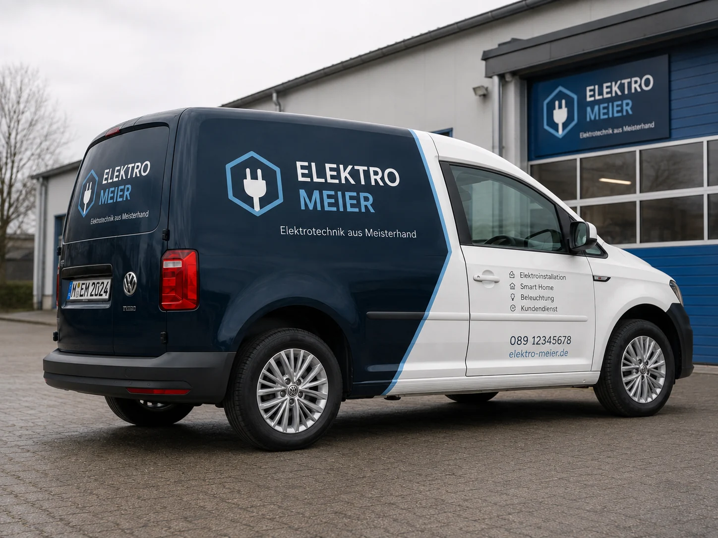 Beschrifteter Transporter eines fiktiven deutschen Elektrofachbetriebs